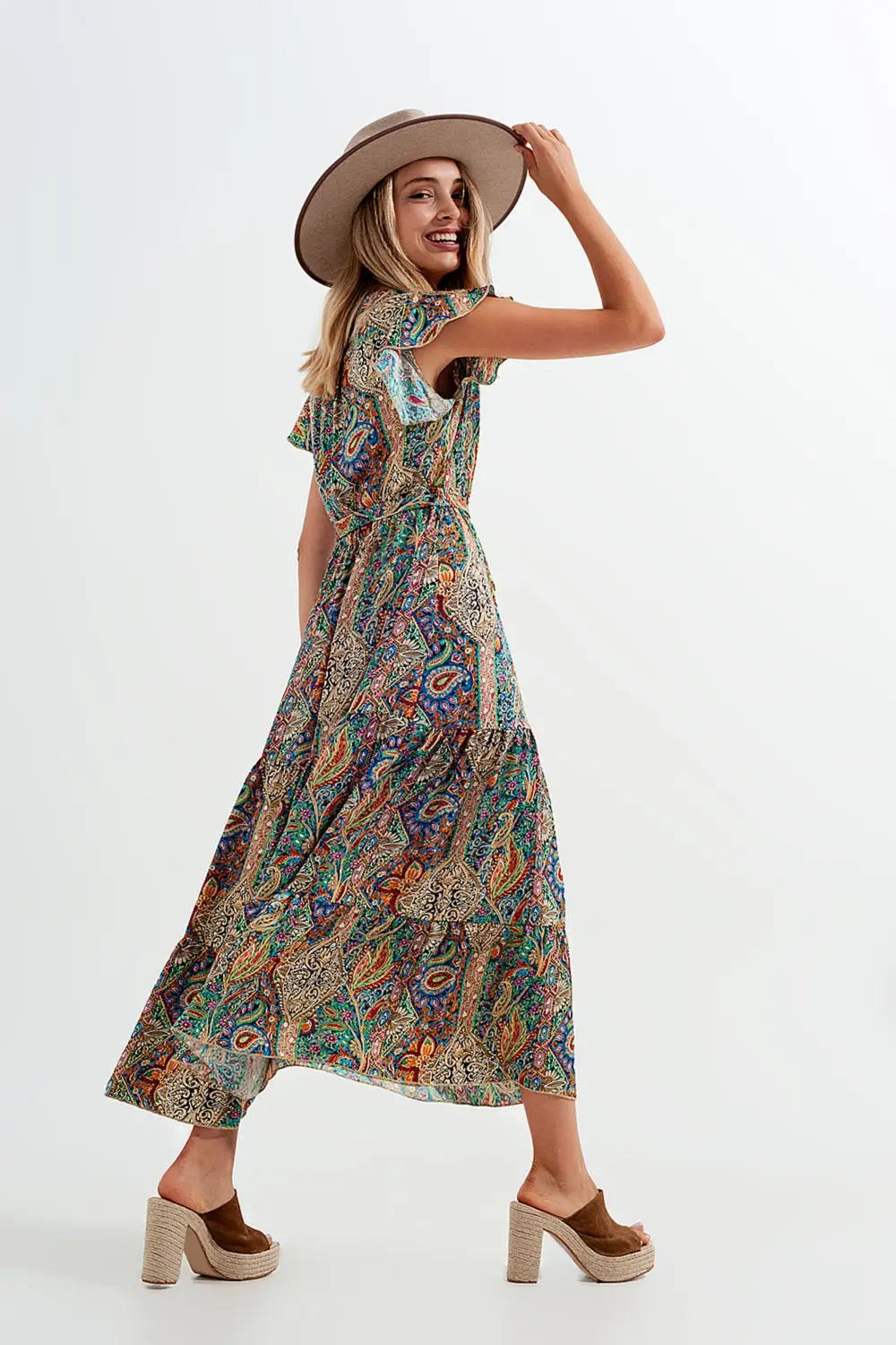 Robe longueur mollet avec ourlet à volants et imprimé cachemire en vert - Vestidos