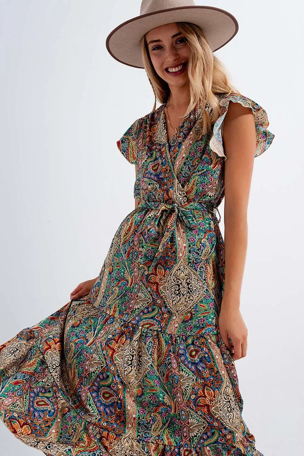 Robe longueur mollet avec ourlet à volants et imprimé cachemire en vert - Vestidos