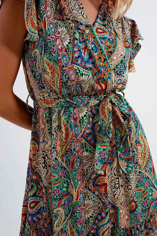 Robe longueur mollet avec ourlet à volants et imprimé cachemire en vert - Vestidos