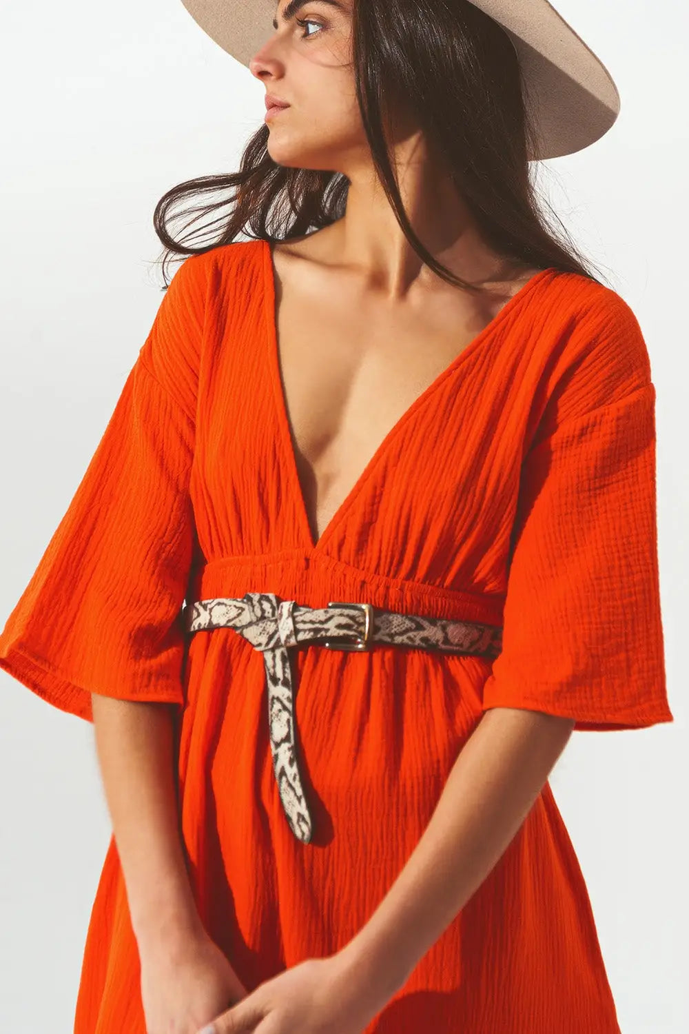 Robe Maxi à col en V texturé en orange - Vestidos
