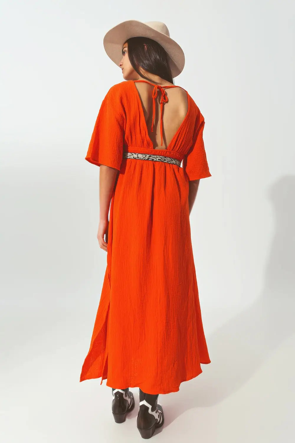 Robe Maxi à col en V texturé en orange - Vestidos