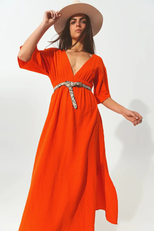 Robe Maxi à col en V texturé en orange - Vestidos