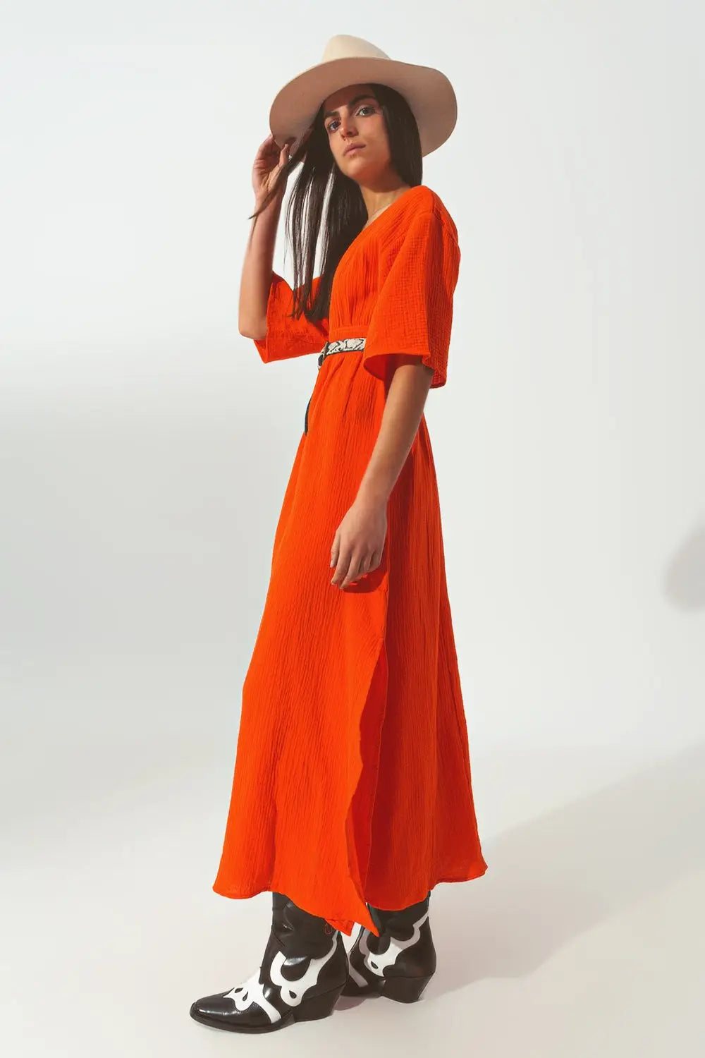 Robe Maxi à col en V texturé en orange - Vestidos
