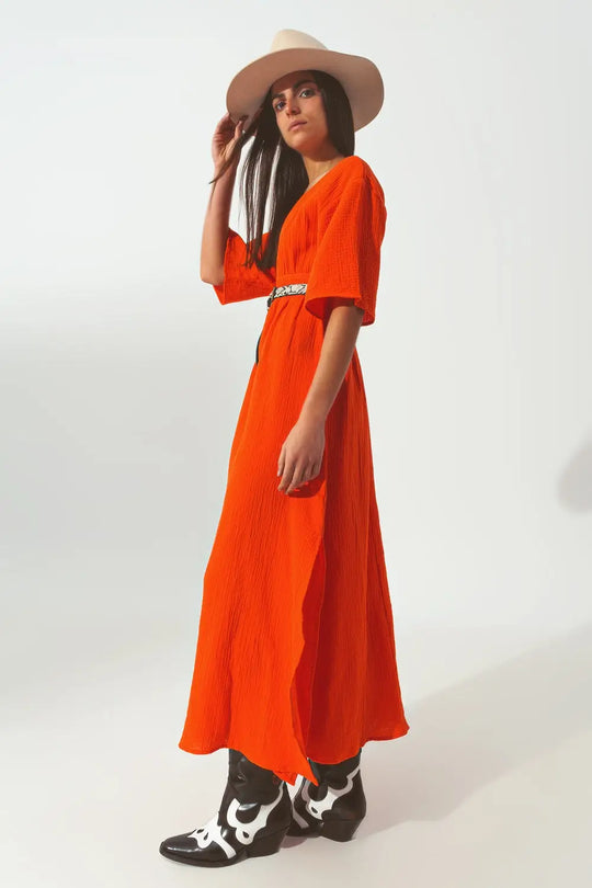 Robe Maxi à col en V texturé en orange - Vestidos
