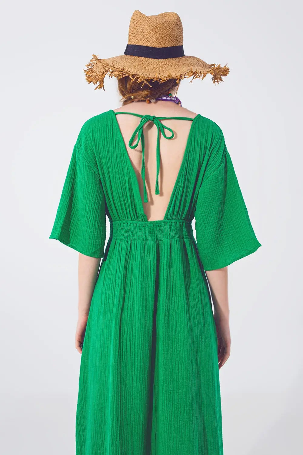 Robe Maxi à col en V texturé en vert - Vestidos