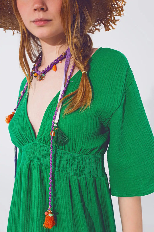 Robe Maxi à col en V texturé en vert - Vestidos