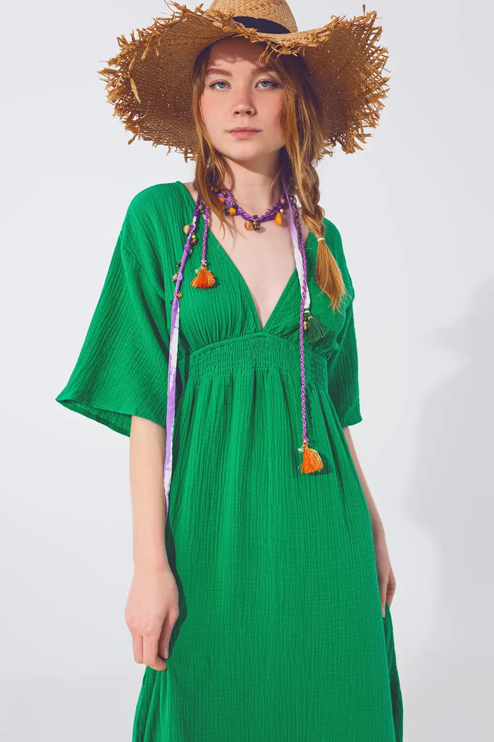 Robe Maxi à col en V texturé en vert - Vestidos