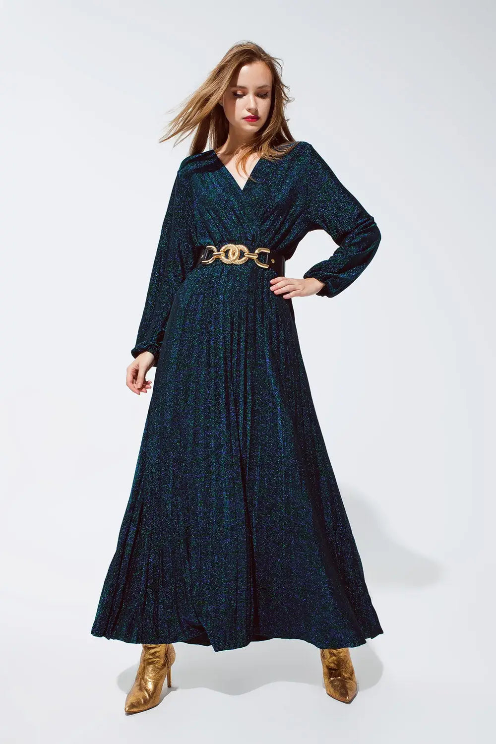 Robe maxi à manches longues avec paillettes en vert - Vestidos