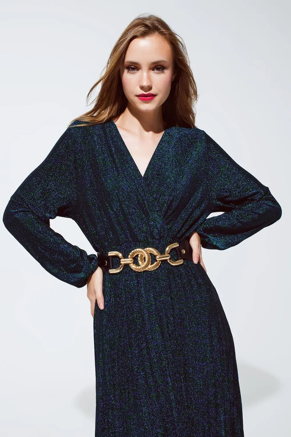 Robe maxi à manches longues avec paillettes en vert - Vestidos