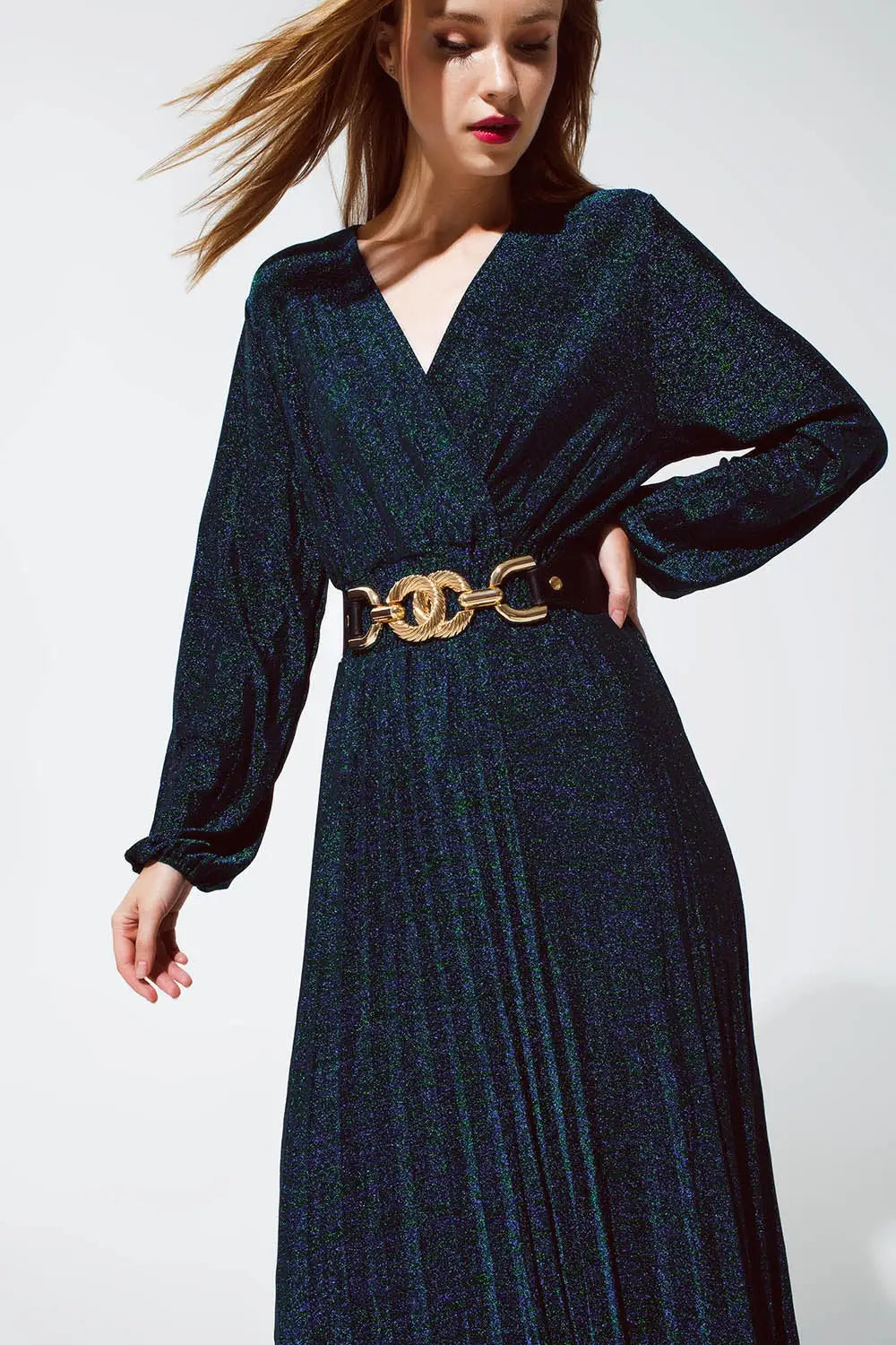 Robe maxi à manches longues avec paillettes en vert - Vestidos