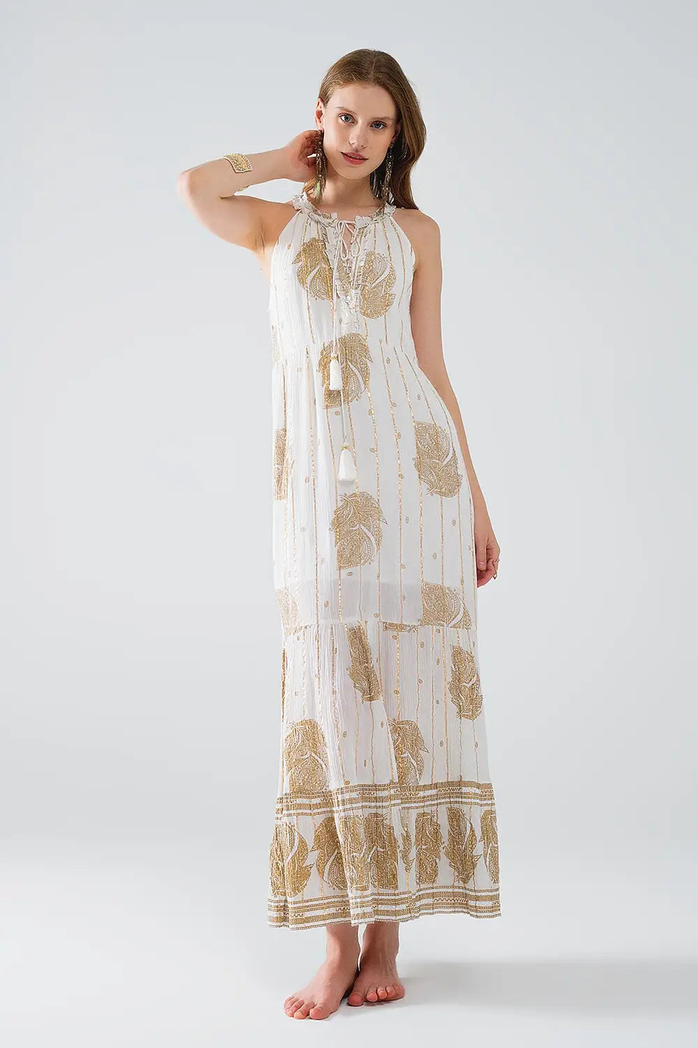 robe maxi boho en mousseline de soie avec imprimé fleuri doré - Vestidos