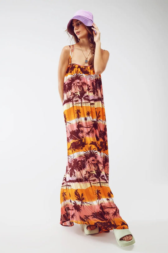 Robe maxi décontractée à dos ouvert avec imprimé rose tropical - Vestidos