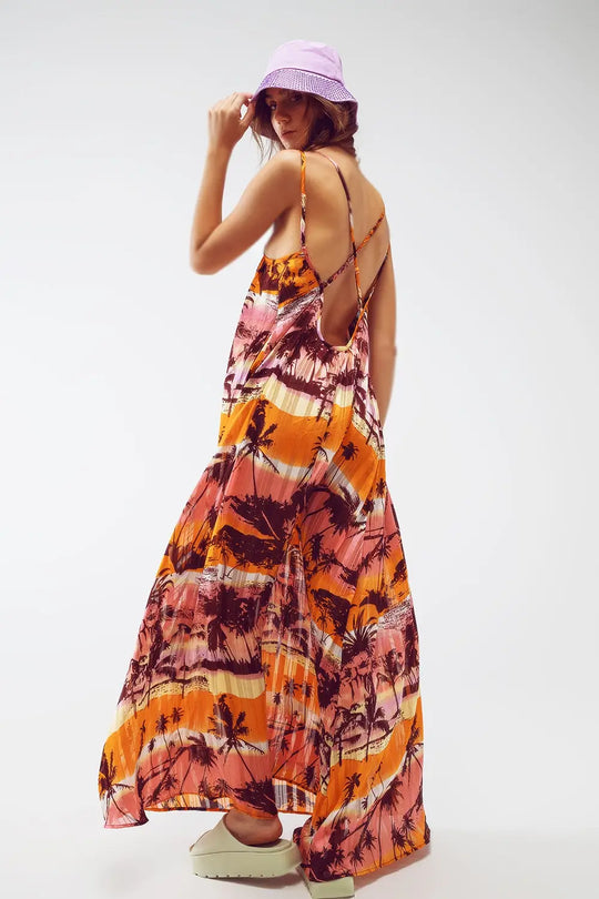 Robe maxi décontractée à dos ouvert avec imprimé rose tropical - Vestidos