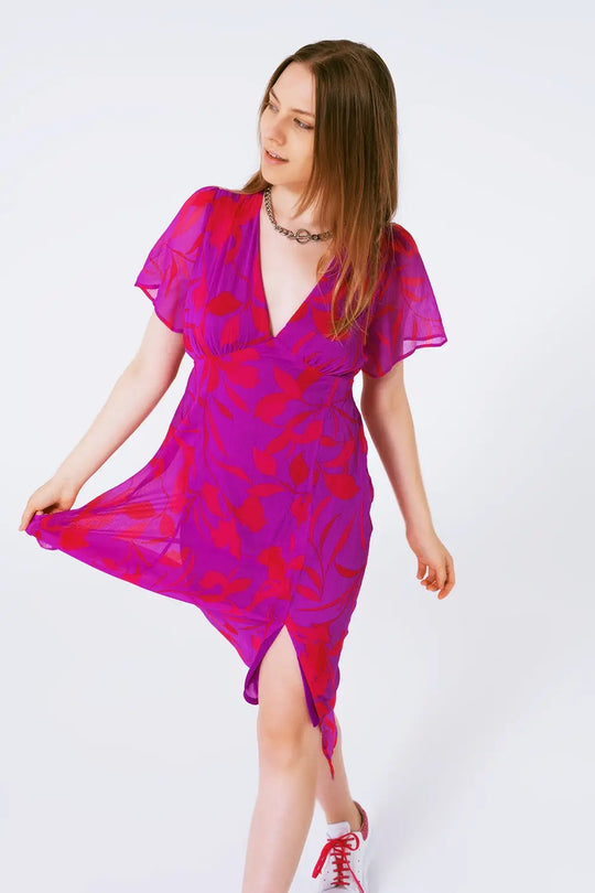 Robe maxi en mousseline à fleurs avec manches courtes et col V - Vestidos
