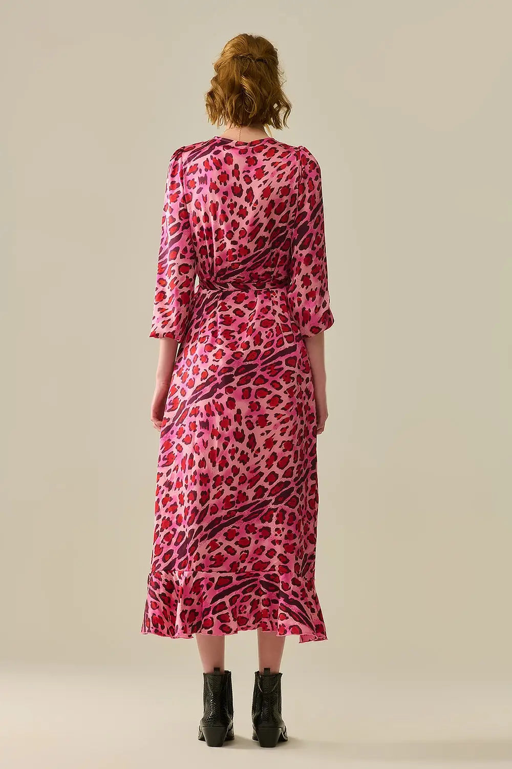 Robe Maxi Portefeuille en Satin Imprimé Léopard Fuchsia - Vestidos
