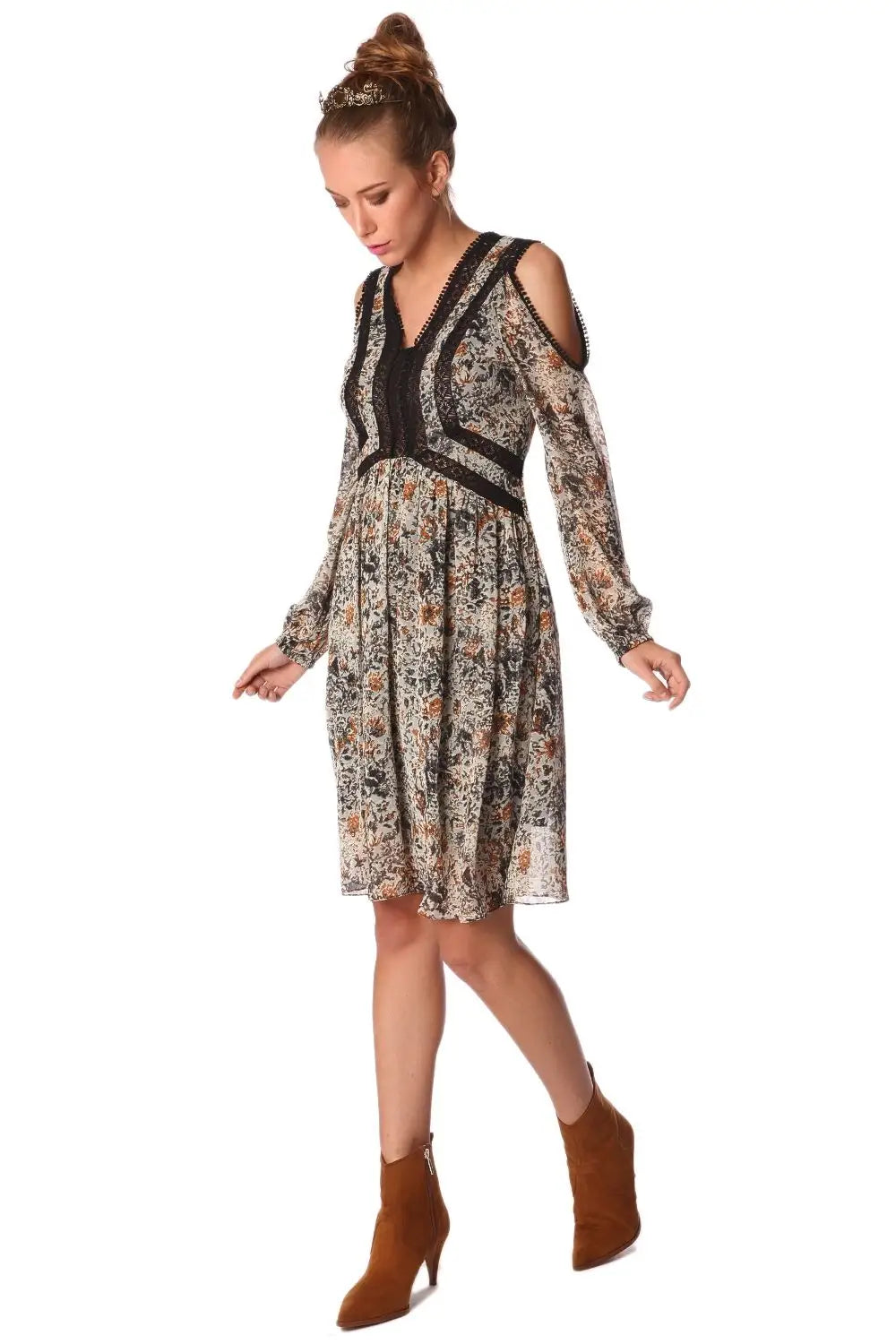 Robe mi-longue à imprimé floral bleu et empiècements au crochet - Vestidos