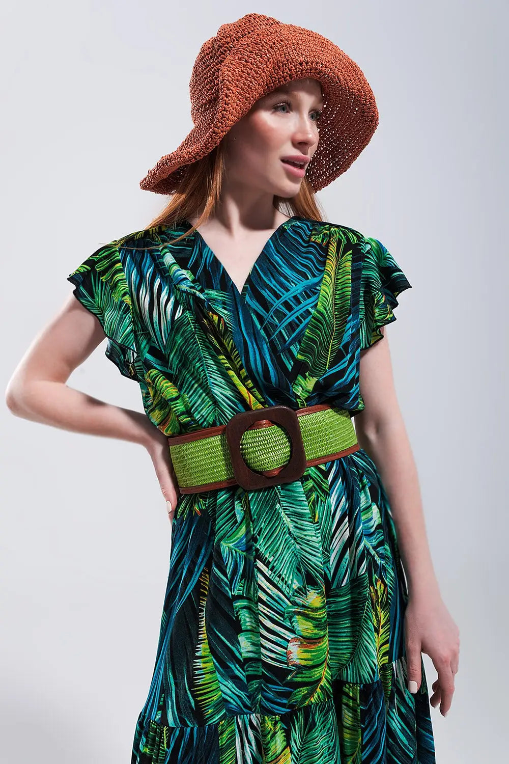Robe mi longue à manches courtes avec imprimé tropical - Vestidos