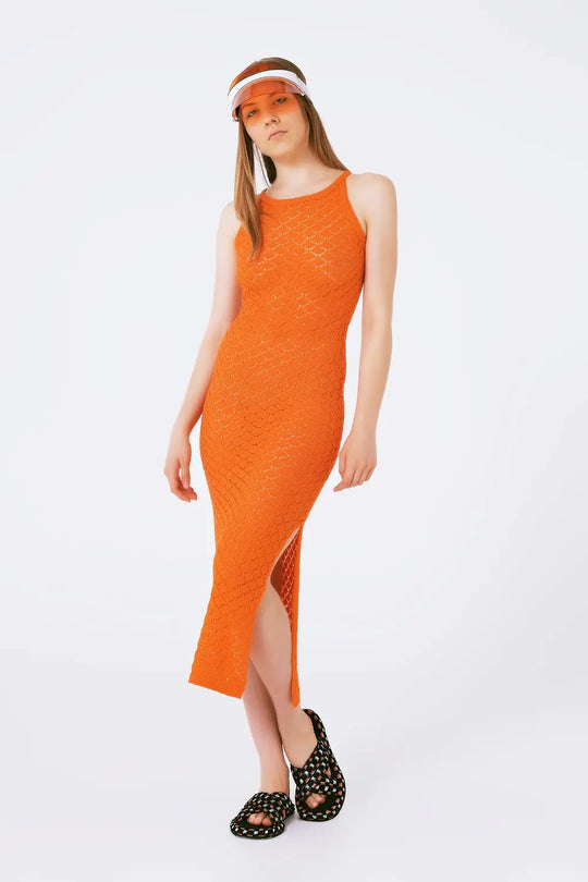 Q2 Robe mi-longue en crochet en orange