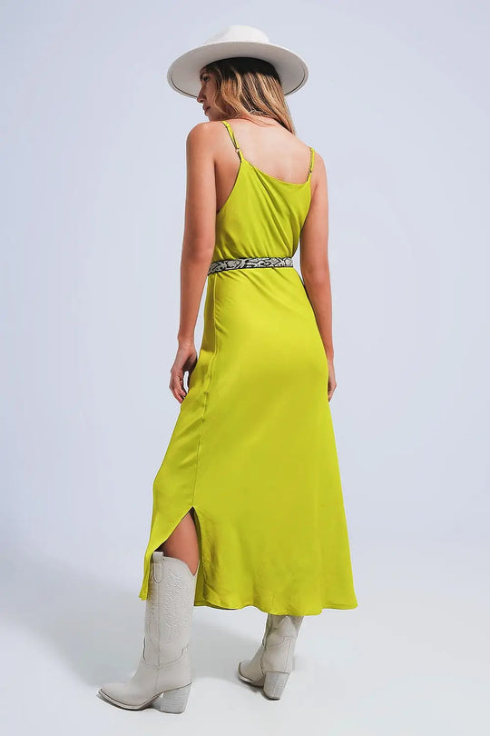 Robe mi longue en satin à fines bretelles Vert - Vestidos