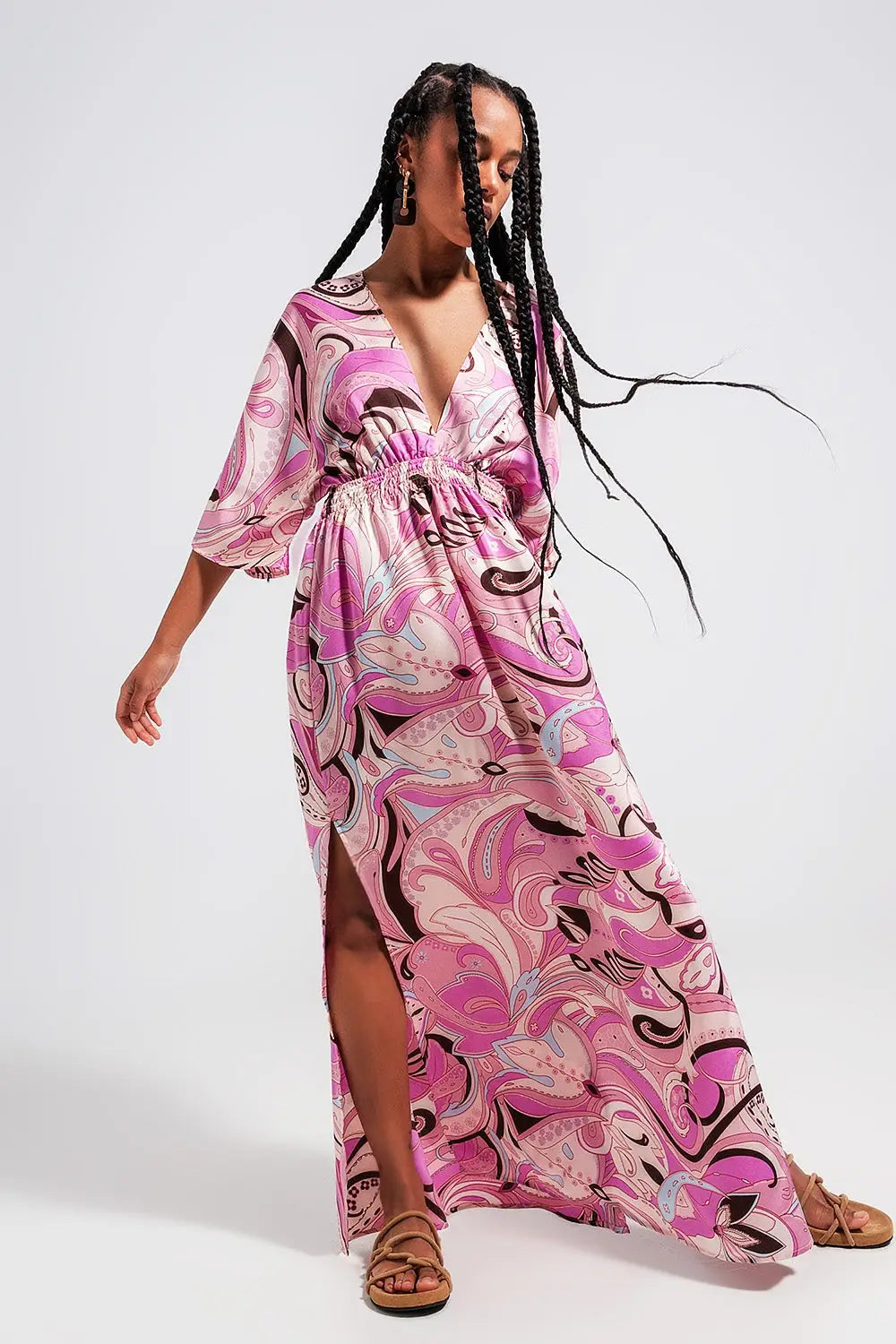 Q2 Robe mi longue froncée avec rubans à nouer au dos rose