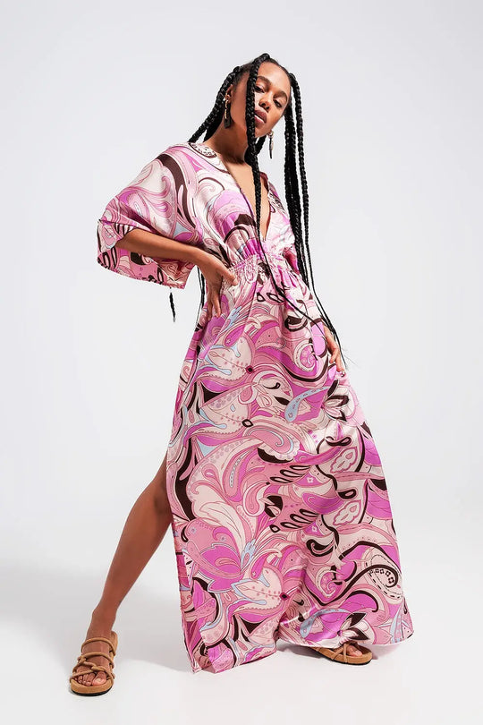 Robe mi longue froncée avec rubans à nouer au dos rose - Vestidos