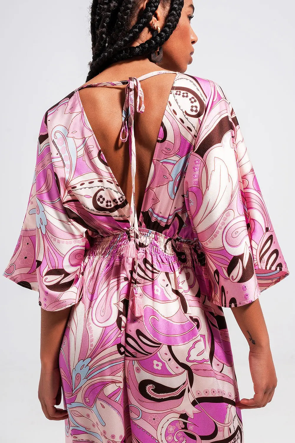 Robe mi longue froncée avec rubans à nouer au dos rose - Vestidos