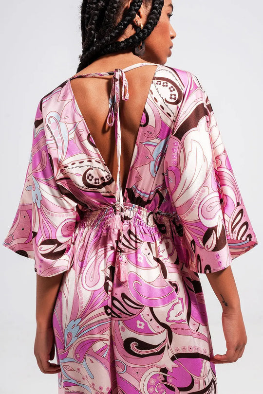 Robe mi longue froncée avec rubans à nouer au dos rose - Vestidos