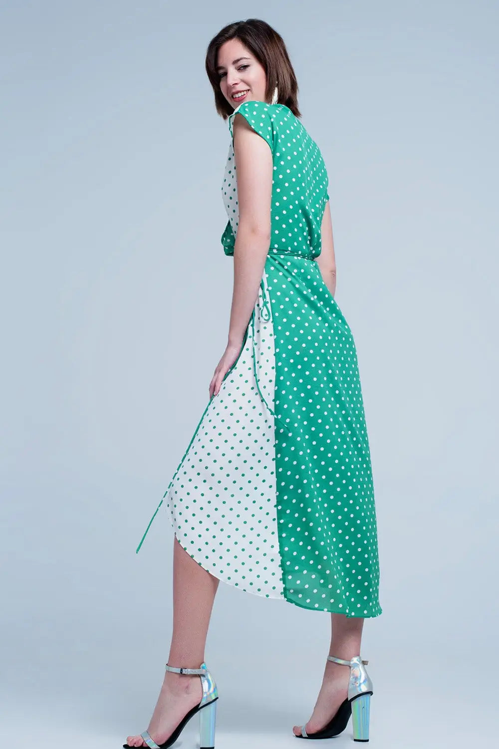Robe mi-longue Vert croisée asymétrique à imprimé pois variés - Vestidos
