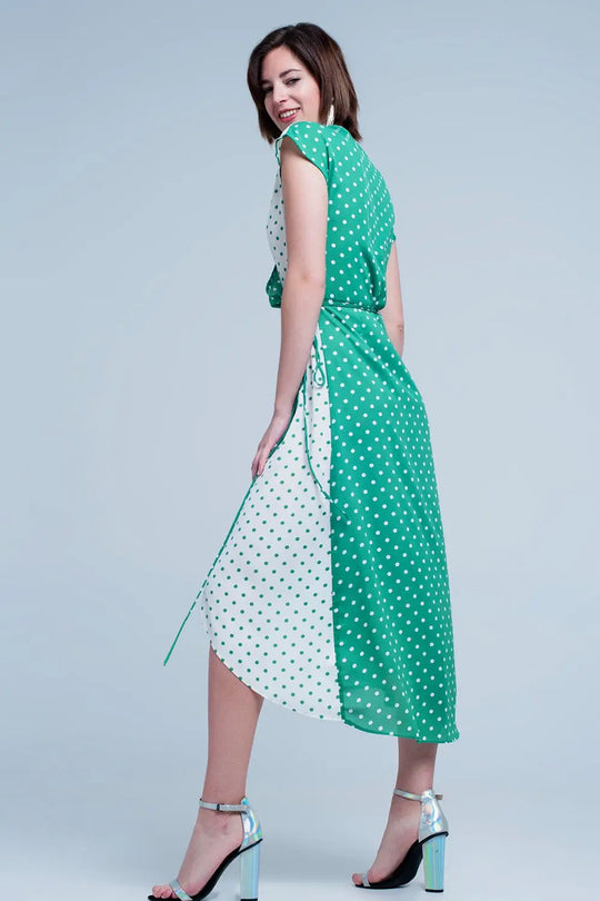 Robe mi-longue Vert croisée asymétrique à imprimé pois variés - Vestidos