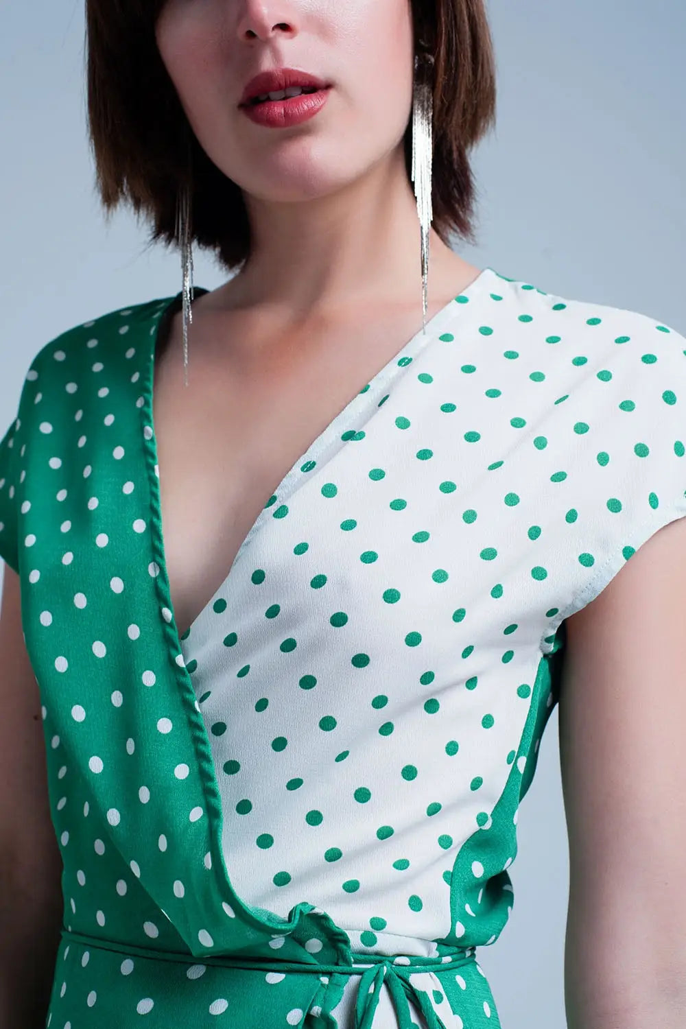 Robe mi-longue Vert croisée asymétrique à imprimé pois variés - Vestidos