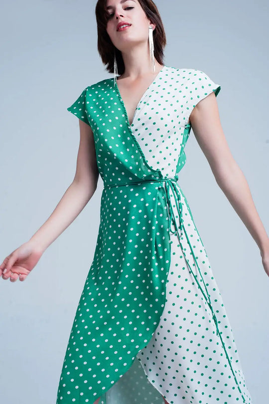 Robe mi-longue Vert croisée asymétrique à imprimé pois variés - Vestidos