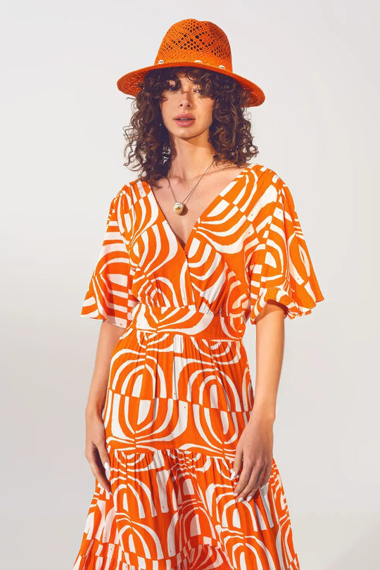 Robe Midi à col en V et Imprimé en Orange - Vestidos