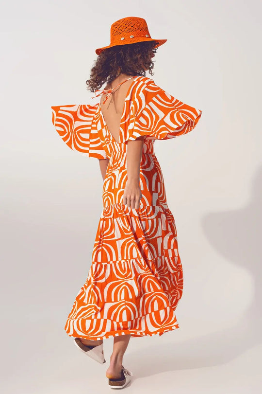 Robe Midi à col en V et Imprimé en Orange - Vestidos