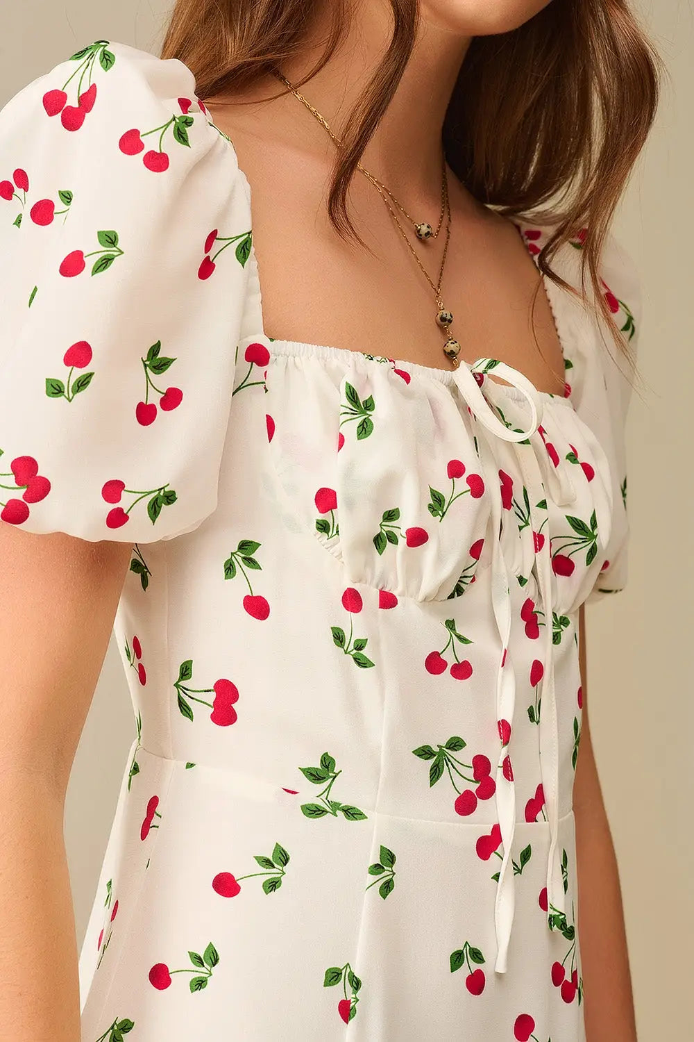 Robe midi à manches bouffantes imprimée cerise - Vestidos
