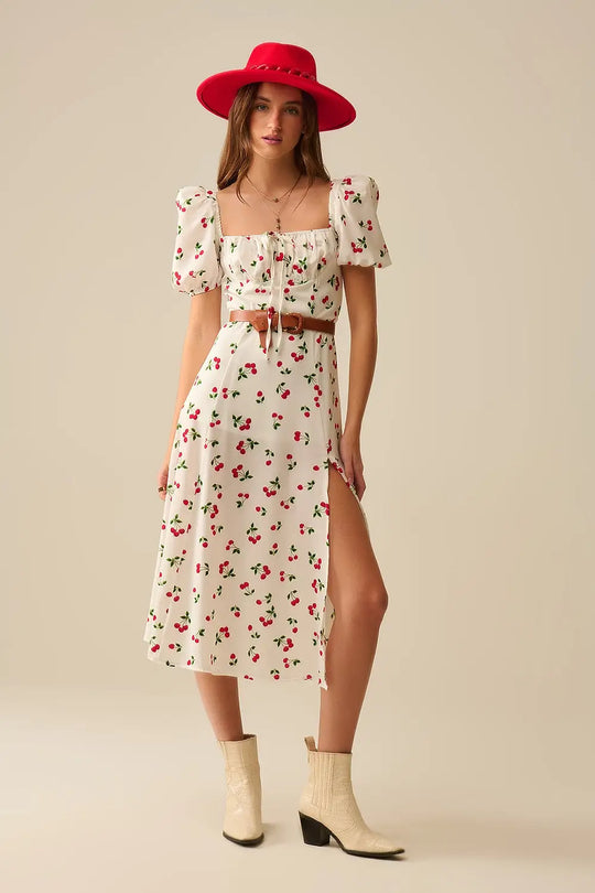 Q2 Robe midi à manches bouffantes imprimée cerise