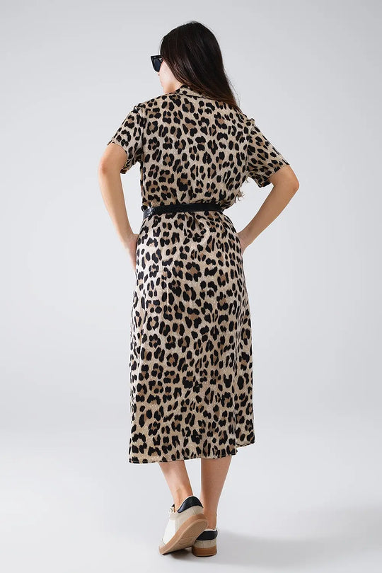 Robe midi à manches courtes avec ceinture en imprimé léopard - Vestidos