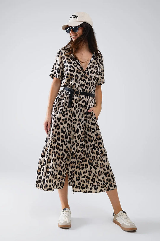 Robe midi à manches courtes avec ceinture en imprimé léopard - Vestidos