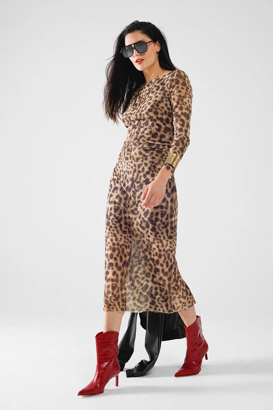 robe midi bodycon à manches longues transparentes et imprimé léopard - Vestidos