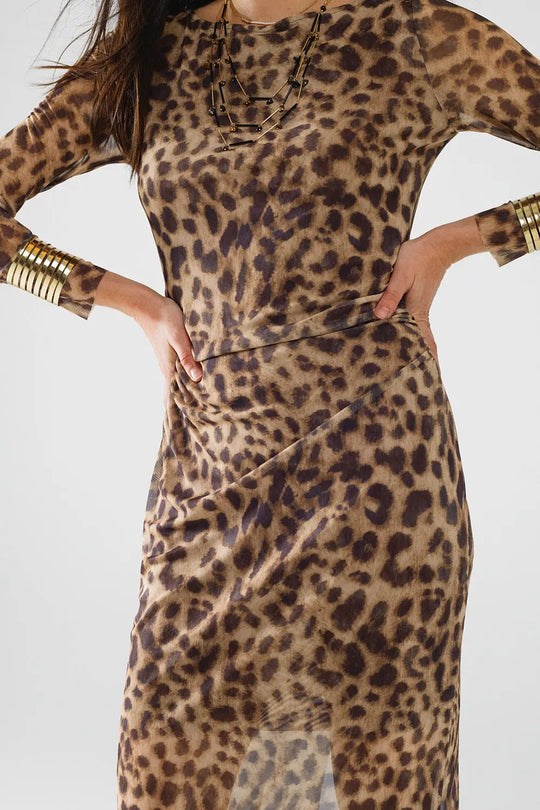 robe midi bodycon à manches longues transparentes et imprimé léopard - Vestidos
