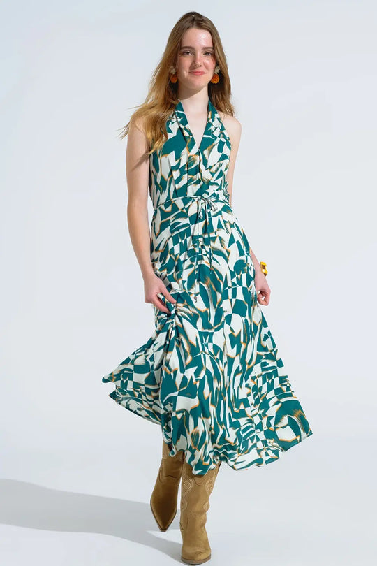 Q2 Robe midi dos nu avec taille cintrée en imprimé abstrait vert et blanc