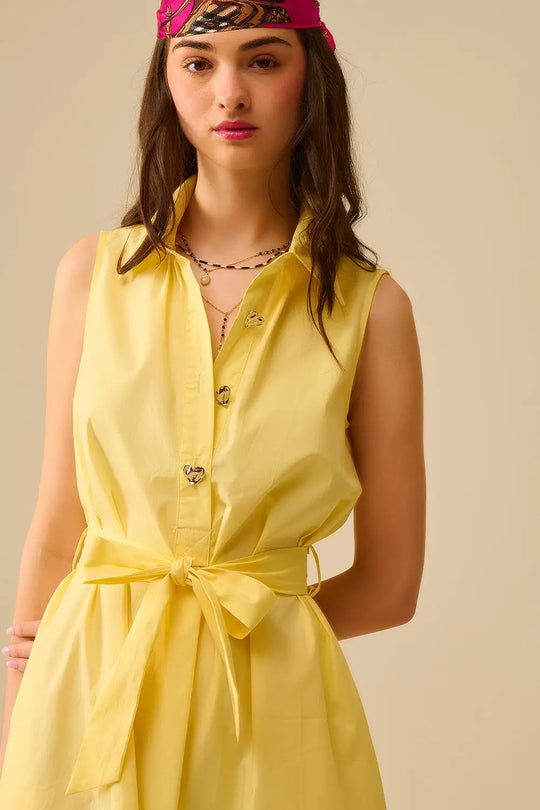 Robe midi en popeline jaune avec boutons argentés en forme de cœur - Vestidos