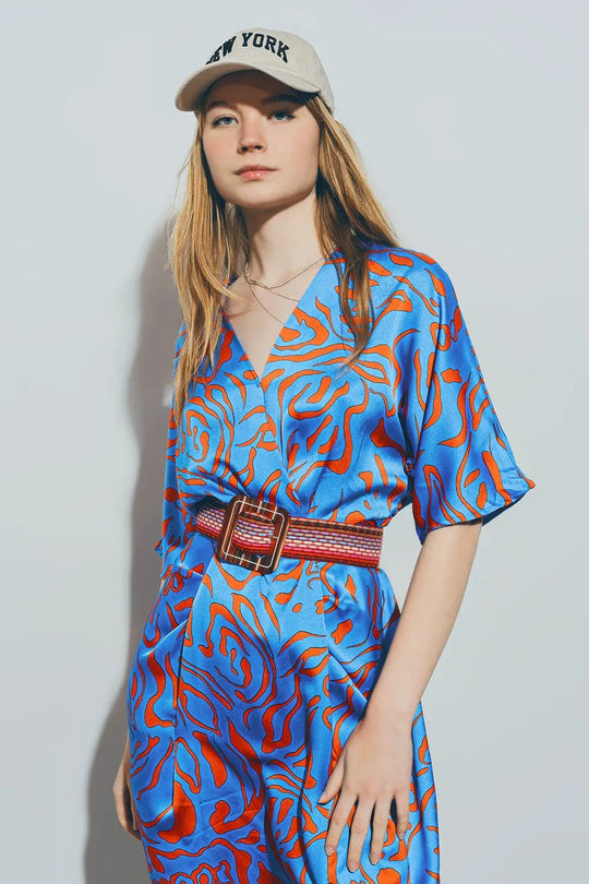Robe Midi en Satin à Col en V bleu - Vestidos