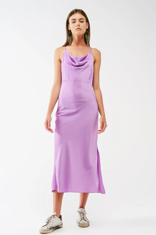 Robe midi en satin avec col drapé en lila - Vestidos