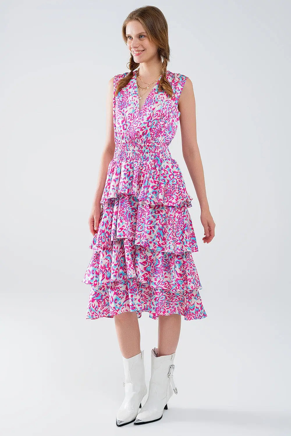 Robe midi froncée en blanc avec imprimé animalier multicolore - Vestidos