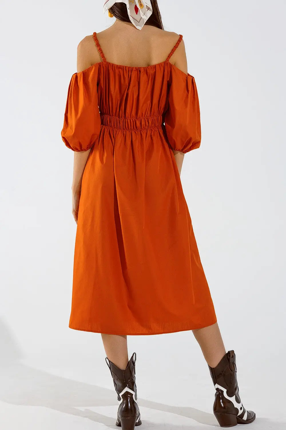 Robe midi orange à manches courtes et bretelles - Vestidos