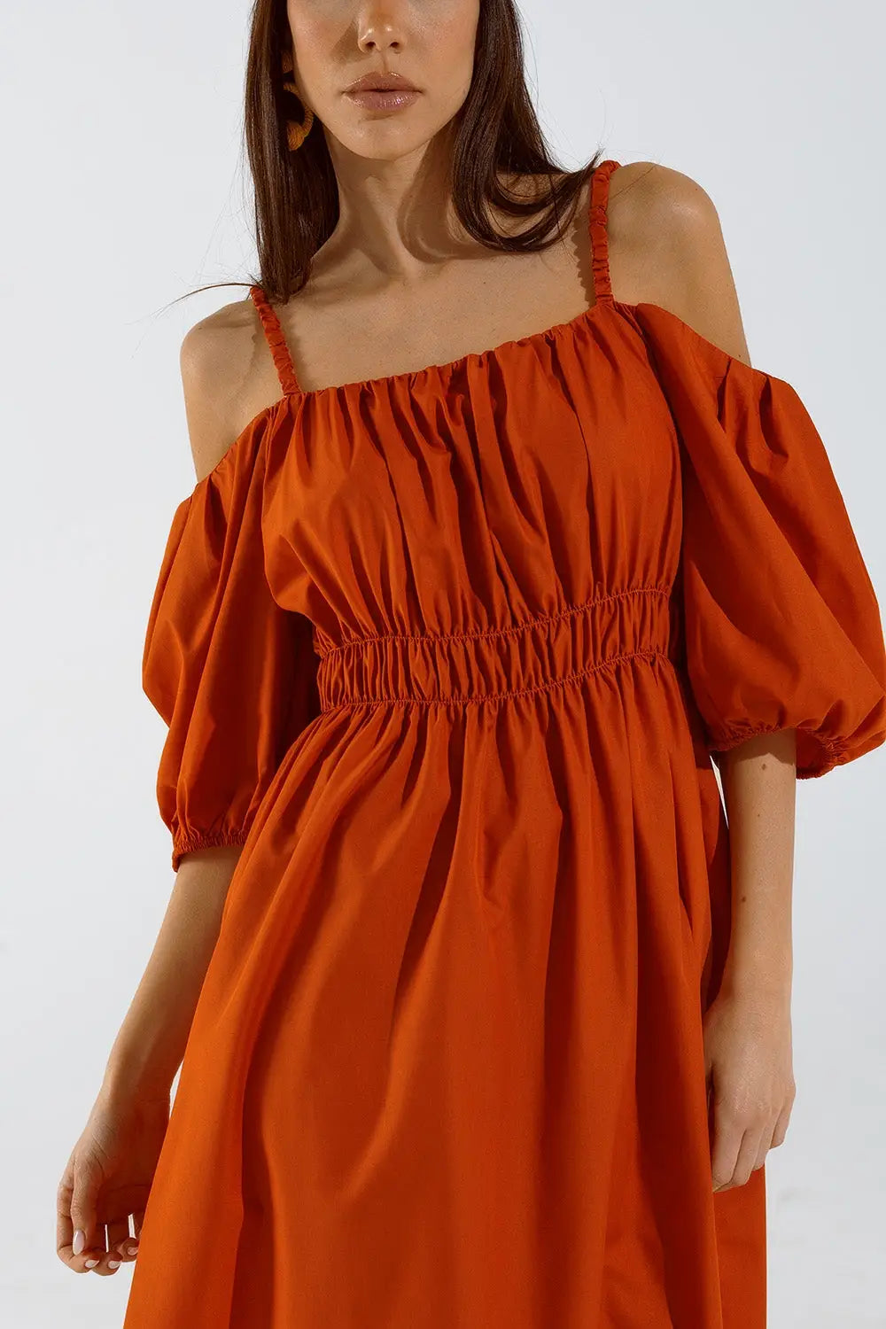 Robe midi orange à manches courtes et bretelles - Vestidos