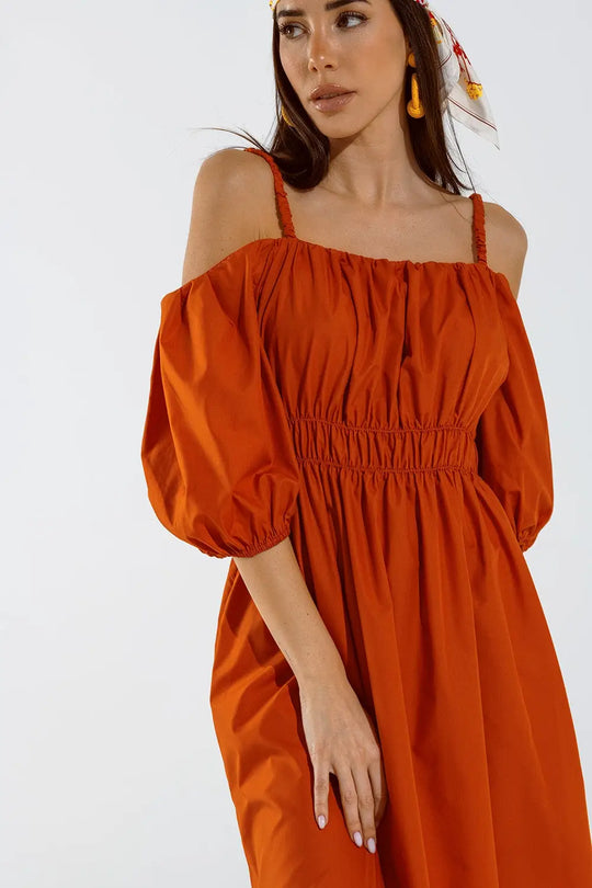 Robe midi orange à manches courtes et bretelles - Vestidos