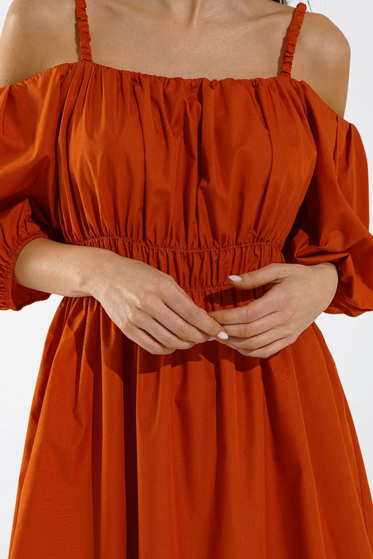 Robe midi orange à manches courtes et bretelles - Vestidos
