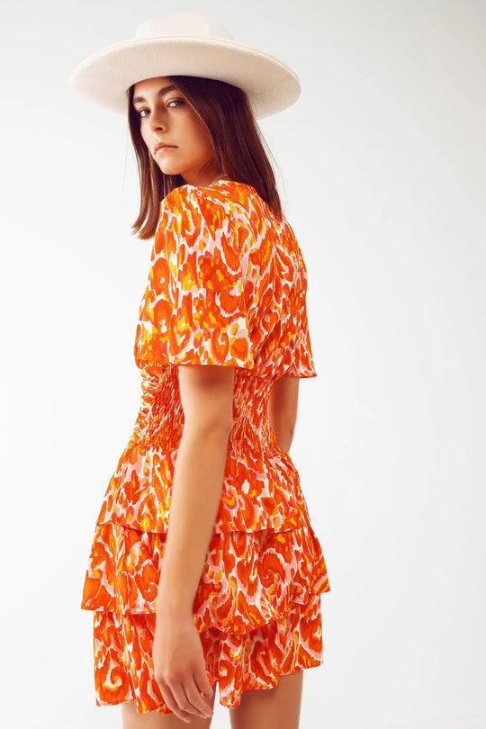 Robe mini à col en V avec imprimé floral orange - Vestidos