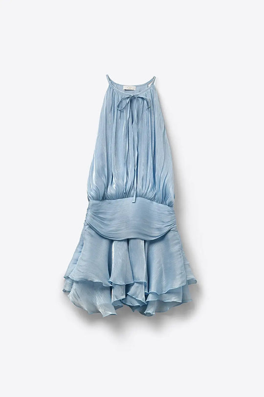 Robe mini à col licou bleu clair en tissu de chiffon brillant - Vestidos